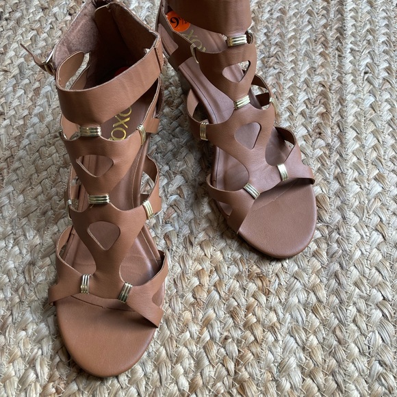 Xoxo cognac wedge gladiators. EUC